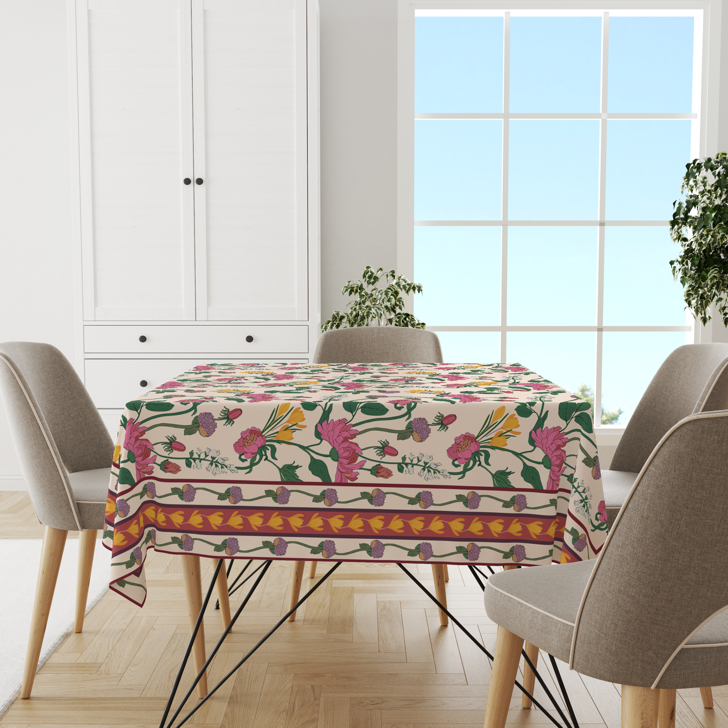 Pink Floral | Premium Quality | Table Cloth | 6 seater Dining Table Cloth