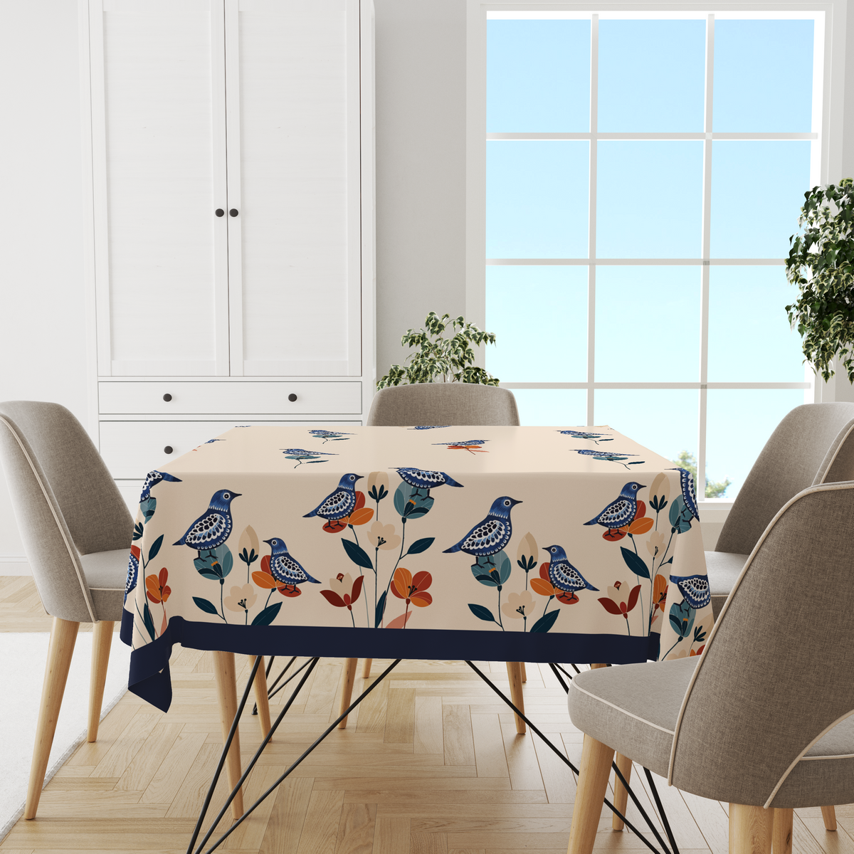 Floral Birdy Table Cloth for 6 Seater Dining Table