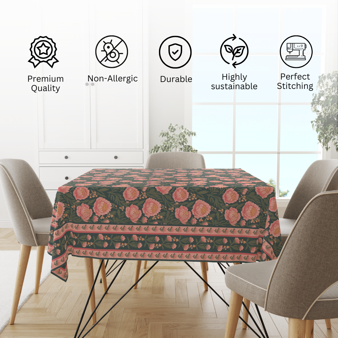 Green Flowers Table Cloth for 8 Seater Dining Table | Digital Print