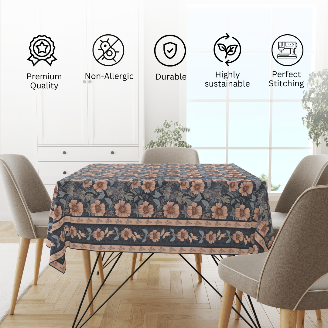 Blue Flowers Table Cloth for 6 Seater Dining Table