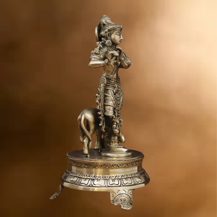 Brass Krishna Idol, Playing Flute Beside Cow, Golden work, 11"