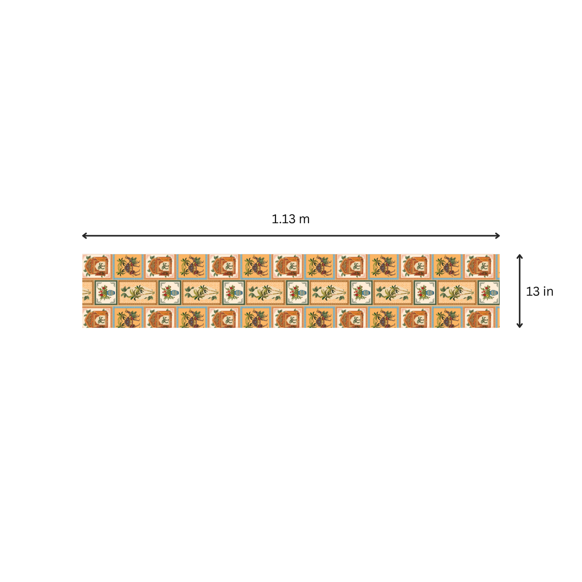 Rajasthani Frames table runner size chart showing small size, 45 x 13 inches