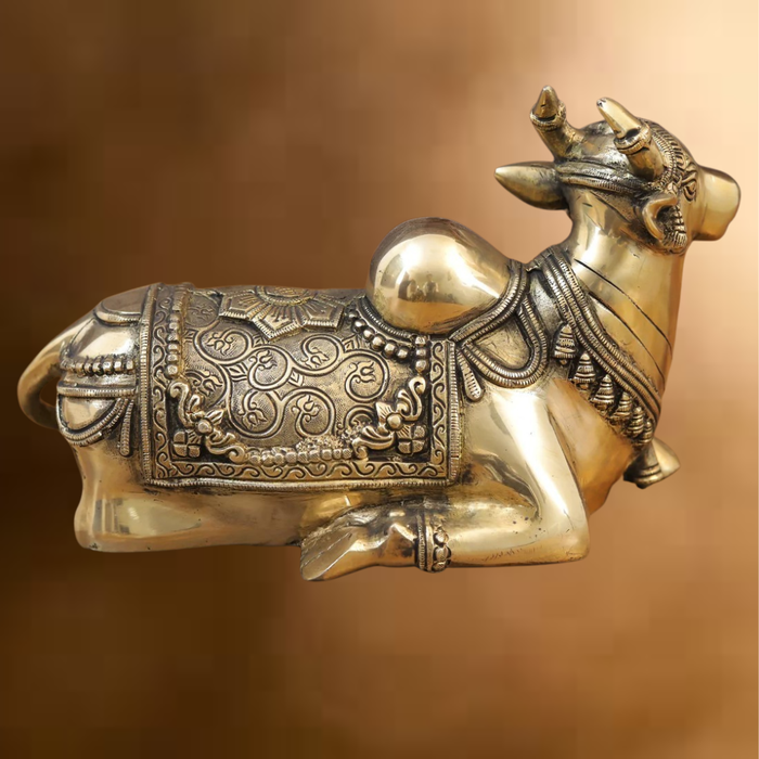 Brass Nandi Statue, Shiva's Timeless Companion, Fine Golden Finish, 7"