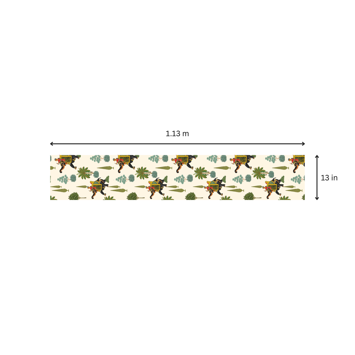 Rajwadi Elephant table runner size chart showing small size, 45 x 13 inches
