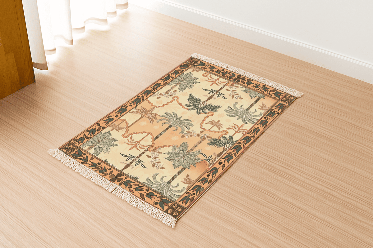 Angled view of the tropical palm tree Dhurrie rug on a wood floor near a curtained doorway