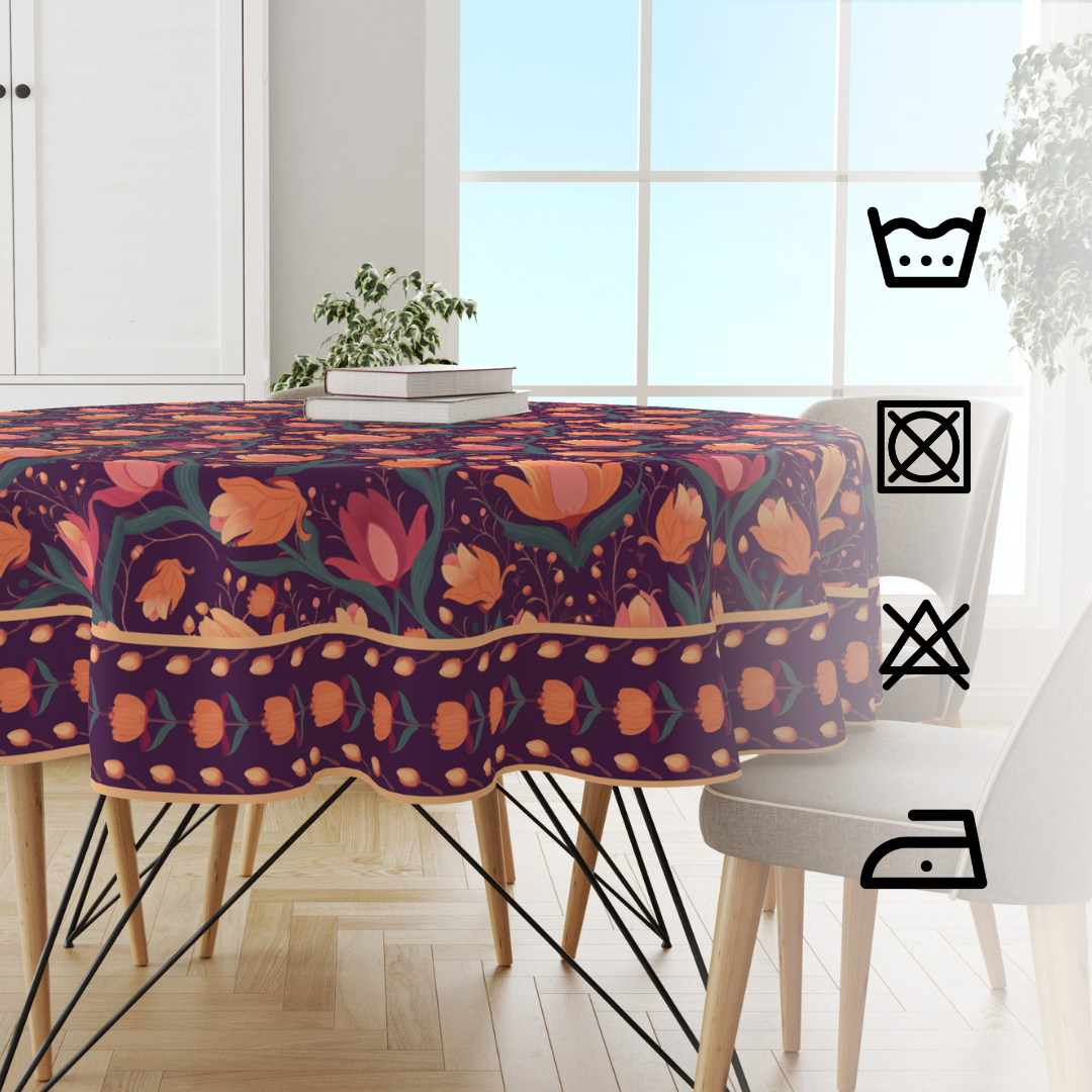 Budding Lotus round tablecloth on a 4 seater dining table, with fabric care wash, bleach, tumble dry and iron symbols