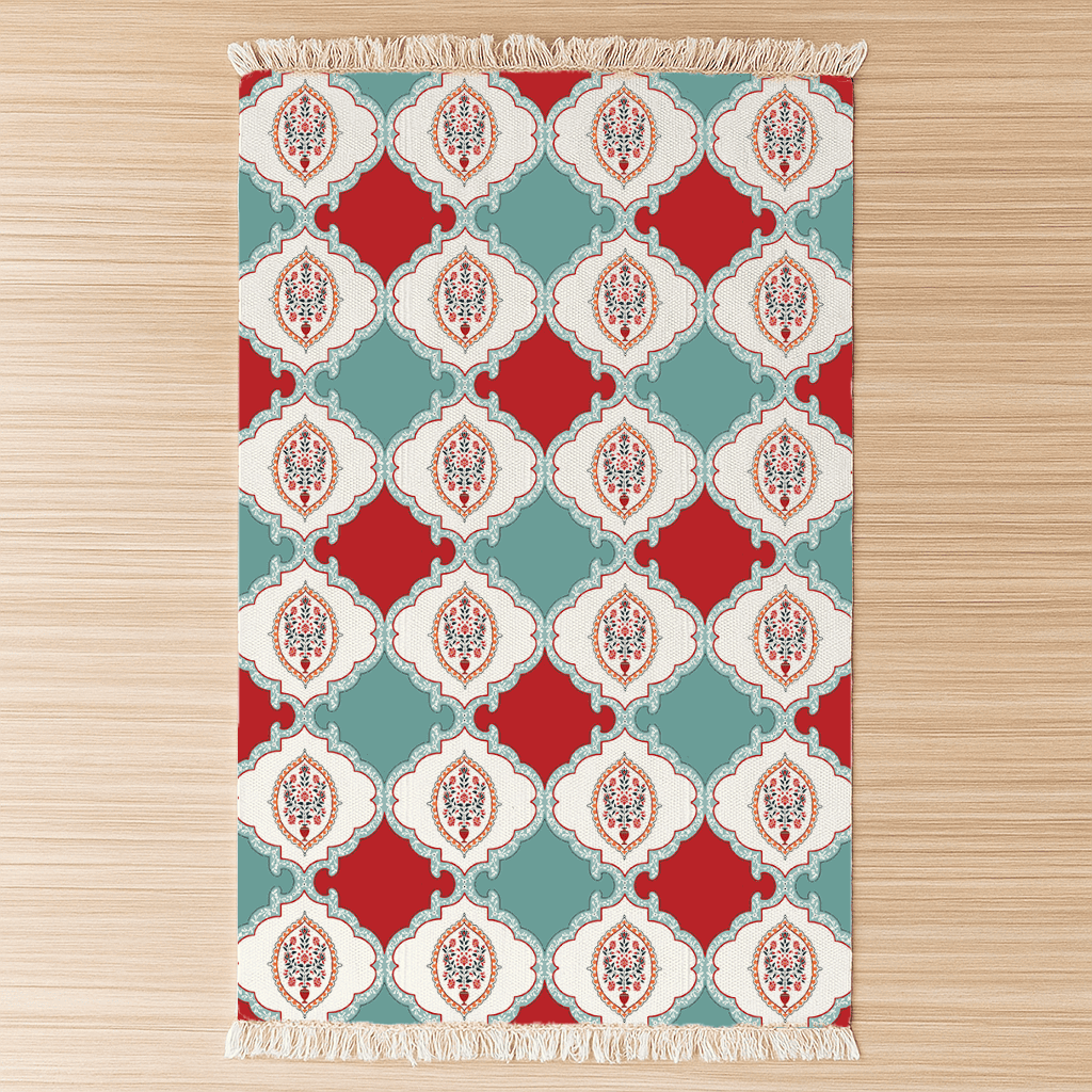 Top-down view of the checkerboard floral medallion Dhurrie rug laid flat on the floor, poly silk