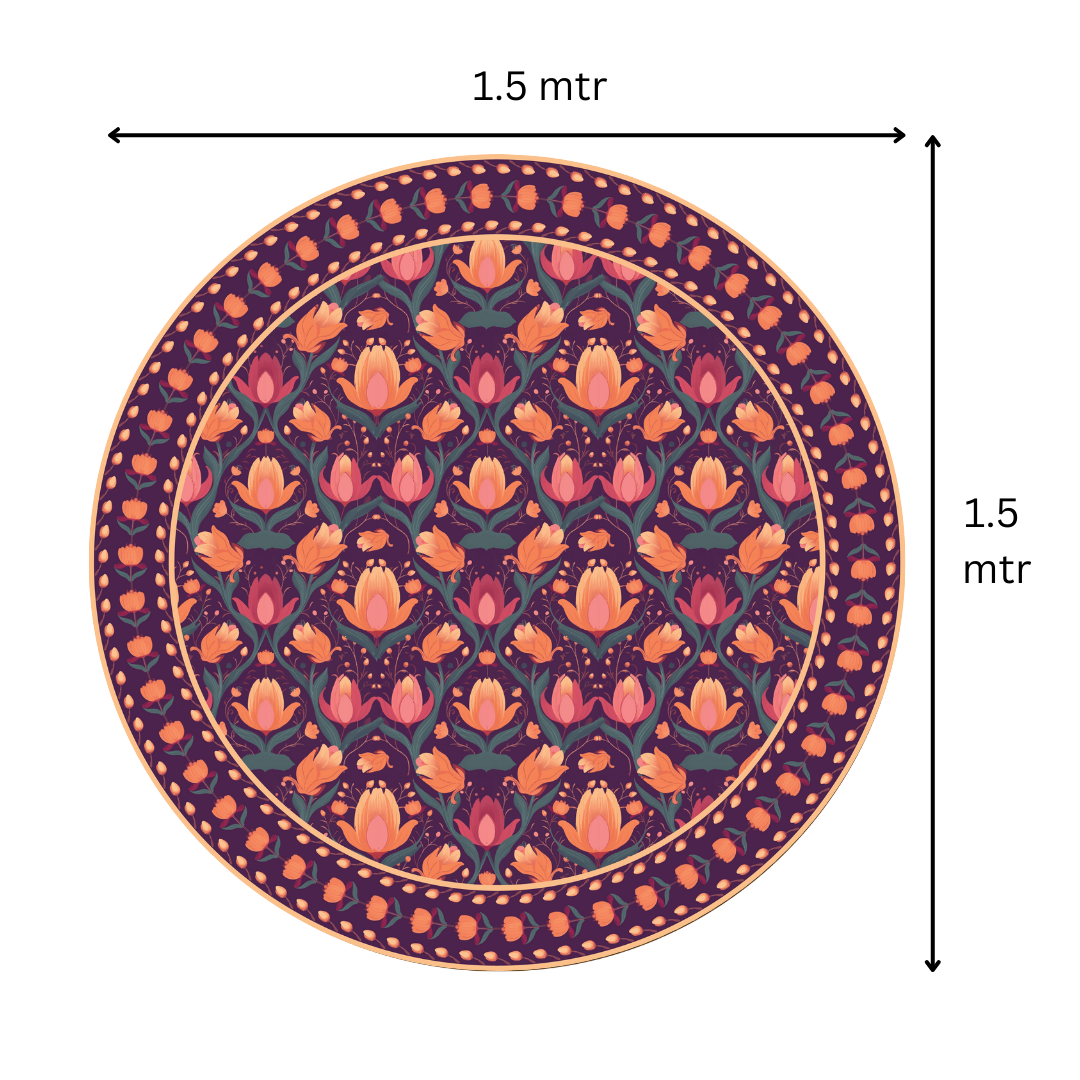 Top view of Budding Lotus round tablecloth showing floral pattern, 60 inch diameter