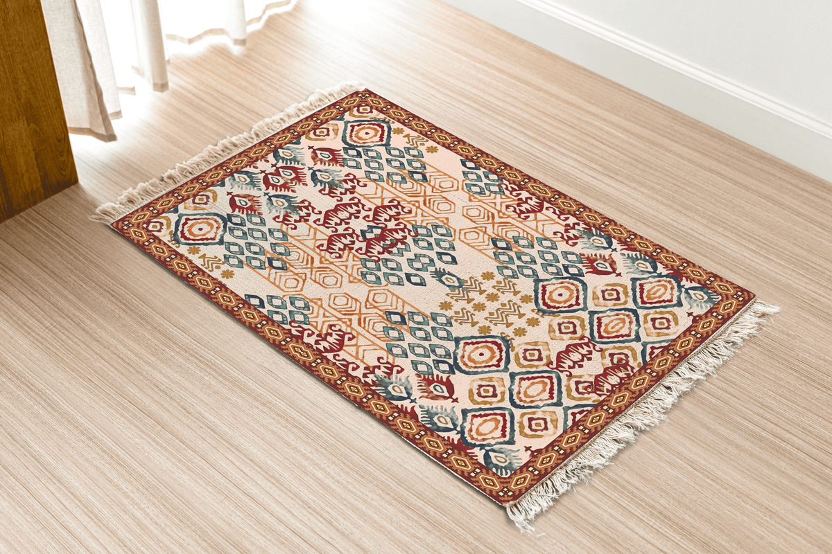 Angled view of the ikat diamond Dhurrie rug on a wood floor near a curtained doorway