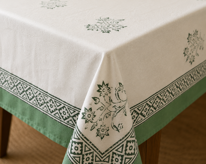 White tablecloth with a sage-green floral block print border and diamond lattice trim, styled with a full table setting