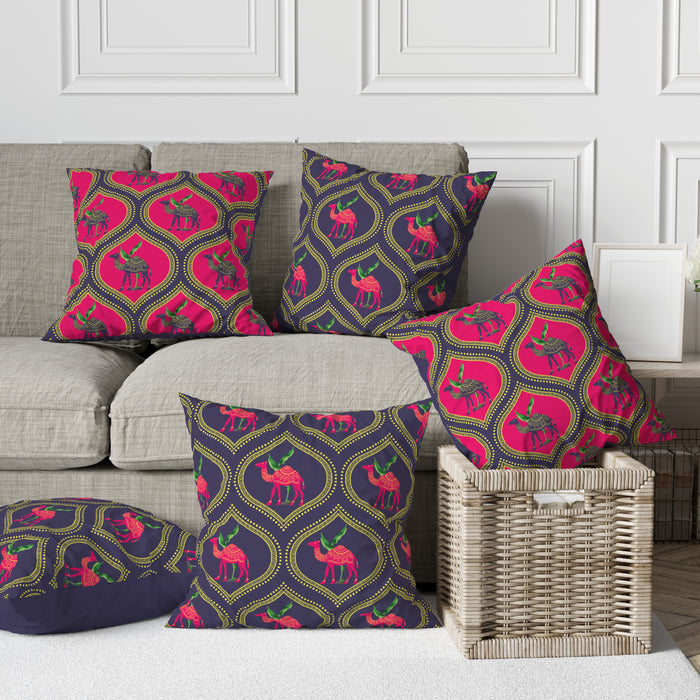 Astitva Royal Caravan Cushion Cover Set of 5 – 16x16 Inch (Silk Poly Mix)