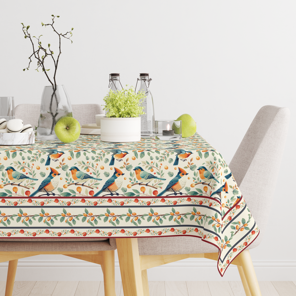 Bird in Nest Table Cloth for 6 Seater Dining Table