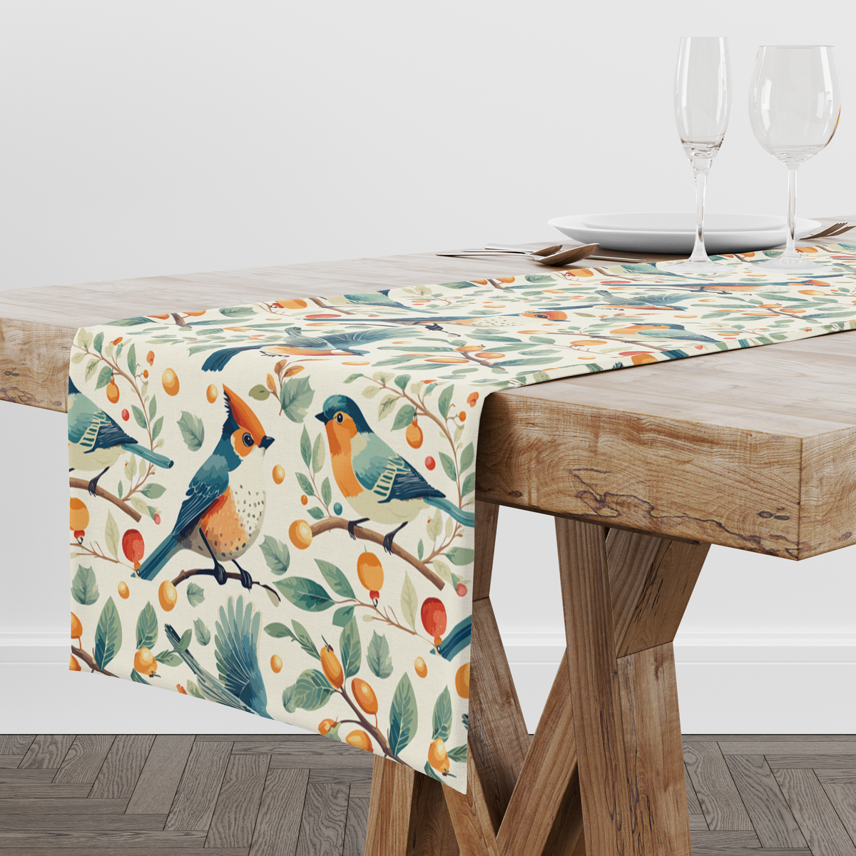 Cream table runner with blue and orange birds among branches with berries and citrus fruit, styled with wine glasses and place settings