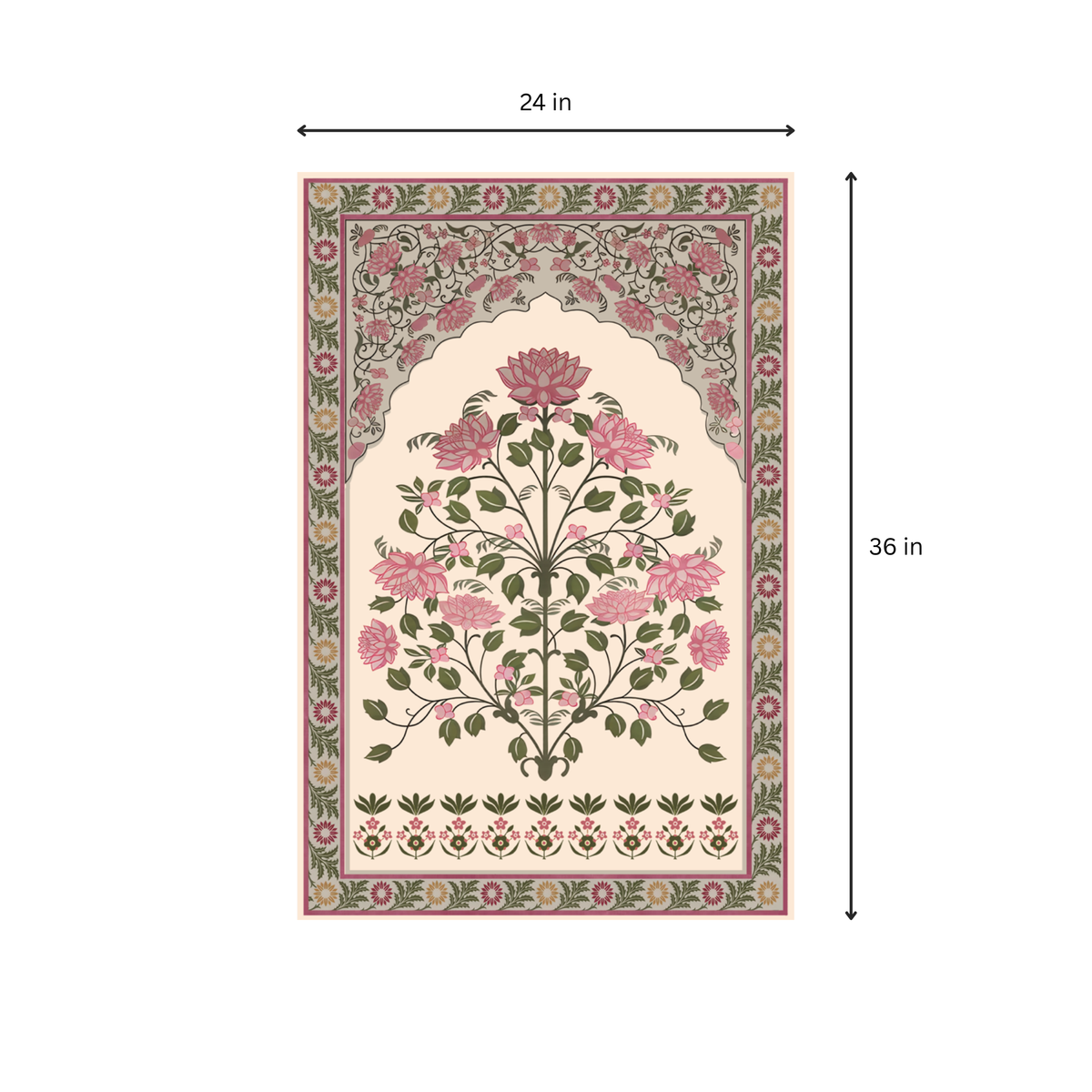 Size chart showing 24 x 36 in (2x3 feet) dimensions for the Dhurrie rug
