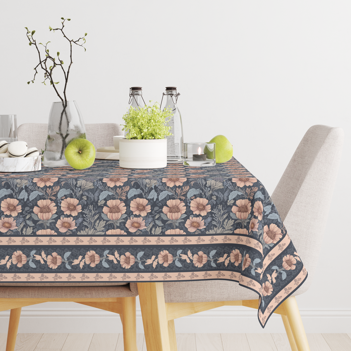 Blue Flowers Table Cloth for 6 Seater Dining Table