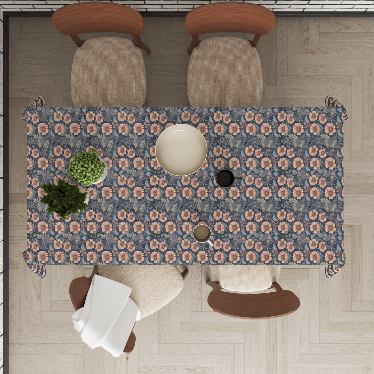 Blue Flowers Table Cloth for 6 Seater Dining Table