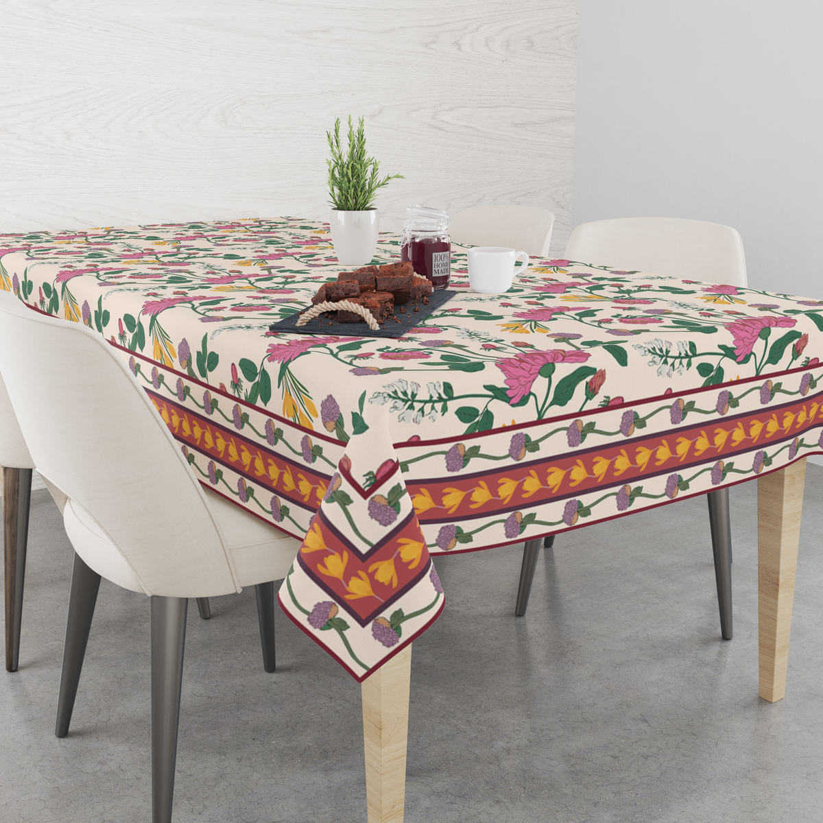 Pink Floral Table Cloth for 6 Seater Dining Table