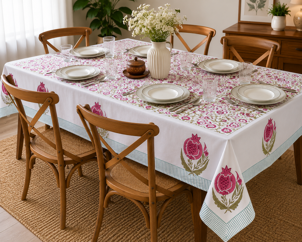 Blush Pomegranate Block Printed Rectangle Table Cloth – 6 Seater