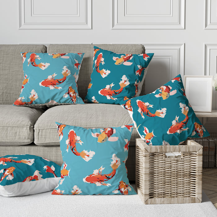 Astitva Koi Lagoon Cushion Cover Set of 5– 16x16 Inch (Silk Poly Mix)