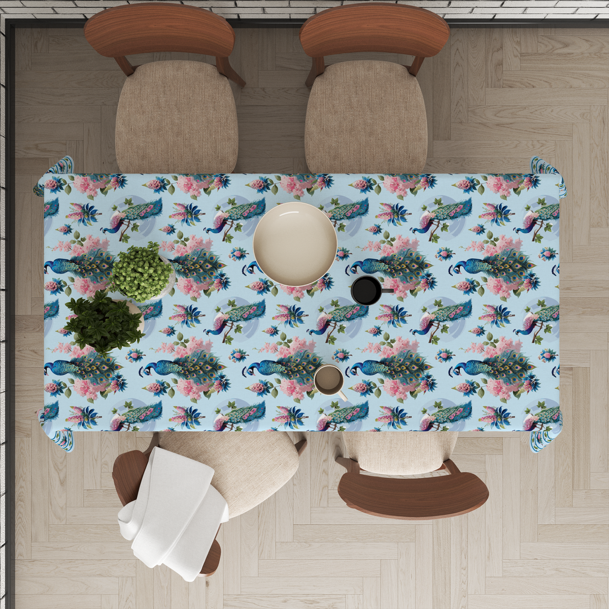 Peacock Table Cloth for 6 Seater Dining Table
