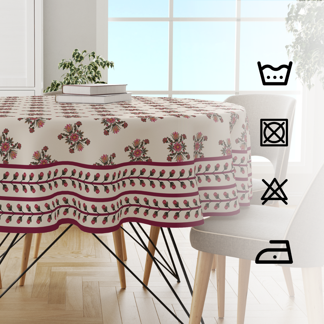 Care icons for washing, bleaching, dry cleaning and ironing the maroon block tablecloth