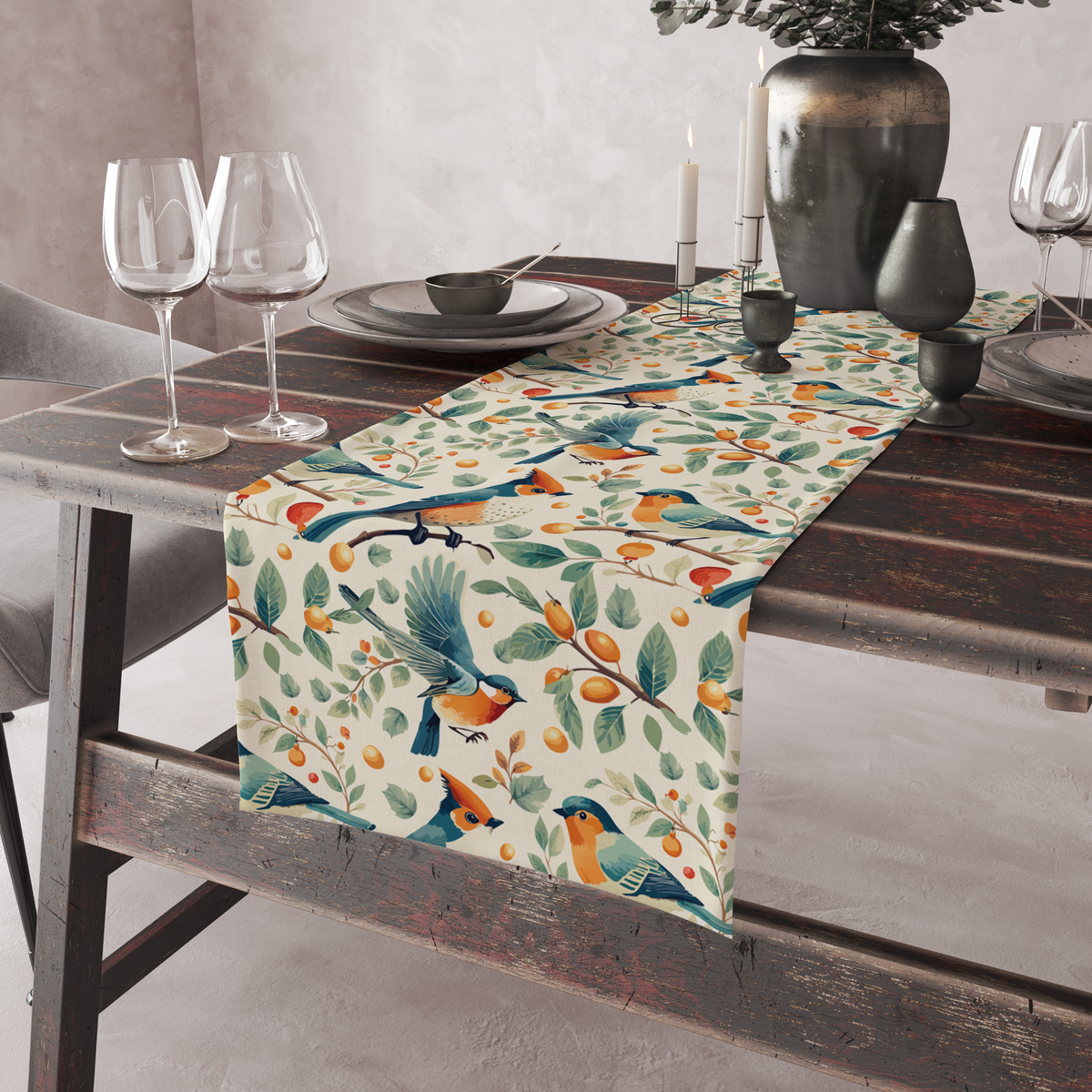 Cream table runner with blue and orange birds among branches with berries and citrus fruit, shown on a rustic table with wine glasses