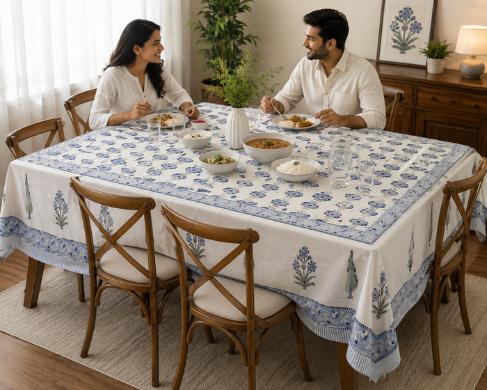 White tablecloth with a blue botanical floral print and striped border, styled on a dining table