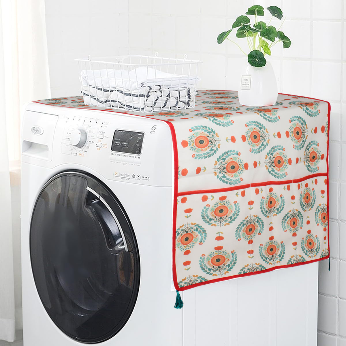 Teal and orange medallion print fridge cover draped over the top of a washing machine