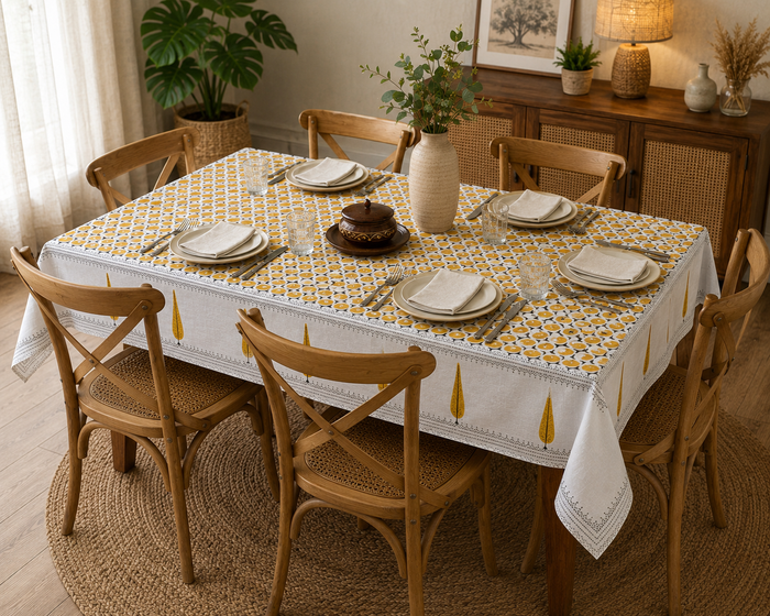 White tablecloth with a small yellow and navy diamond geometric print, mustard teardrop border, styled on a dining table