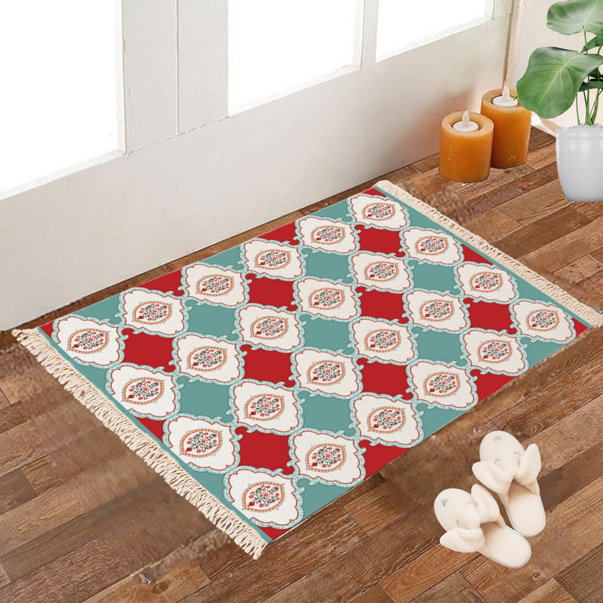 Teal and red Dhurrie rug with a checkerboard pattern and ornate floral medallions, poly silk, 2x3 feet