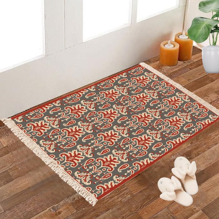 Slate-grey Dhurrie rug with a red paisley-leaf motif and red border, poly silk, 2x3 feet