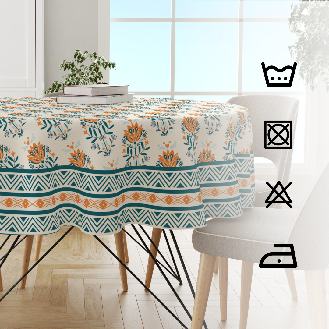 Blue Block Round Table Cloth for 4 Seater Dining Table | 100% Cotton Round Table Cover | Tablecloth