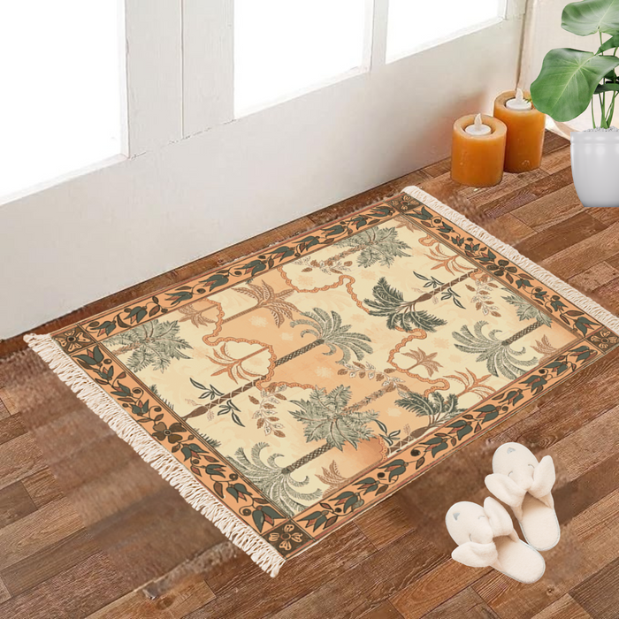 Beige and tan Dhurrie rug with a checkered lattice and tropical palm tree print, poly silk, 2x3 feet