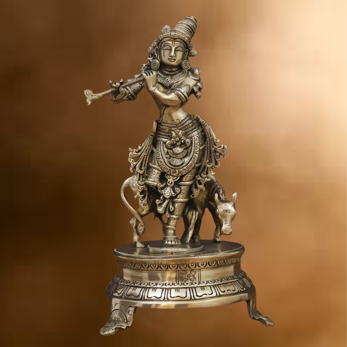 Brass Krishna Idol, Playing Flute Beside Cow, Golden work, 11"