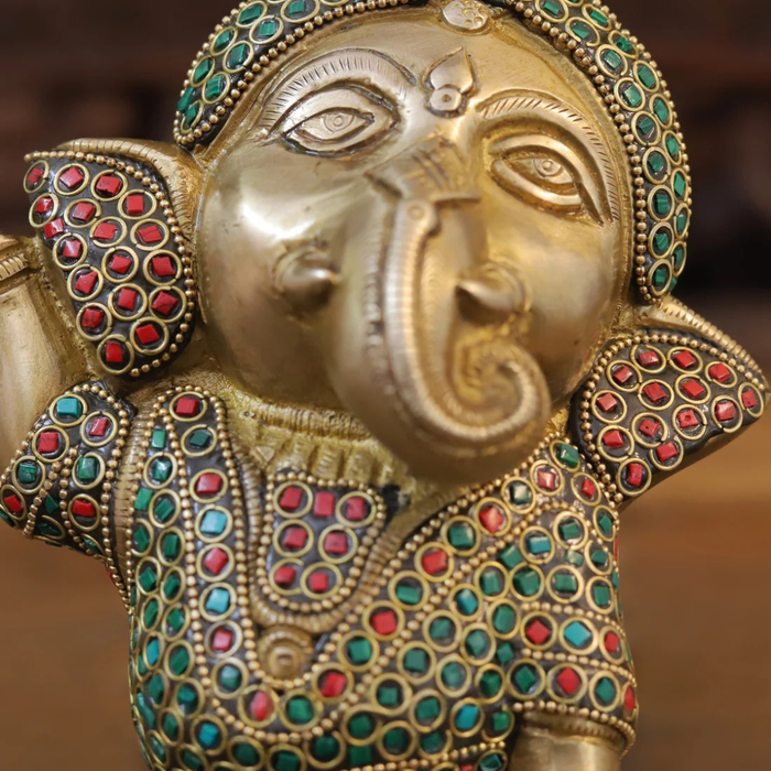 Brass Baby Ganesh standing, Golden & Stonework, 9"