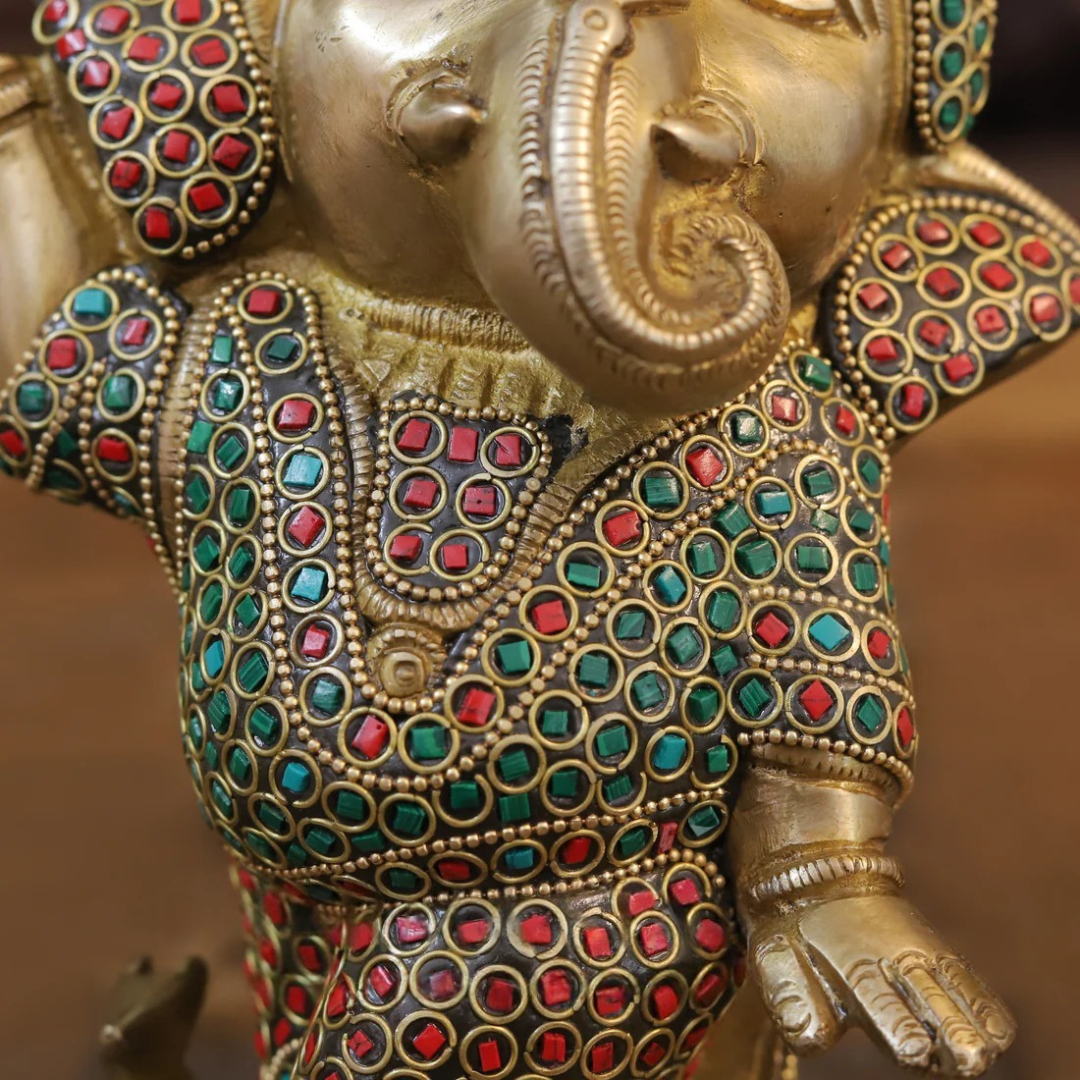Brass Baby Ganesh standing, Golden & Stonework, 9"