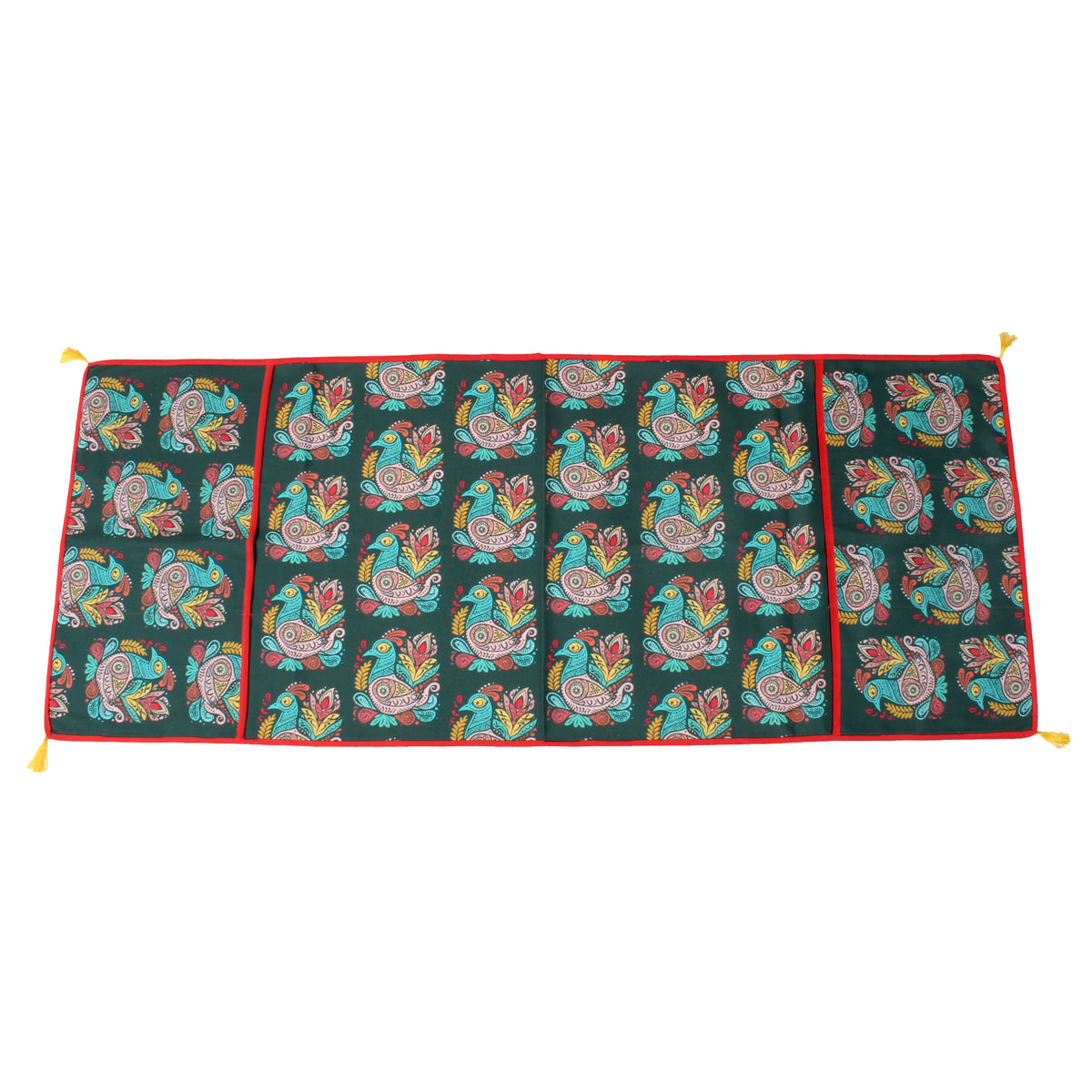 Colorful peacock-paisley print fridge cover shown fully unfolded and laid flat