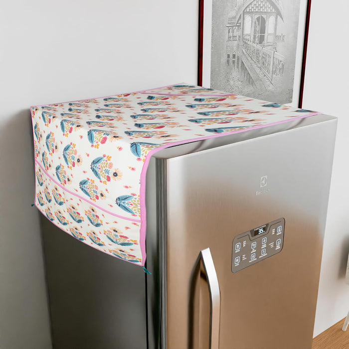 Floral bouquet print fridge cover draped over a refrigerator at an angle