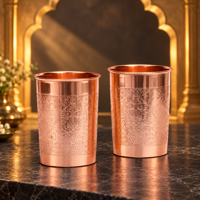 Pure Copper Water Glass Set of 2 – Floral Engraved Tumbler, 300 ml