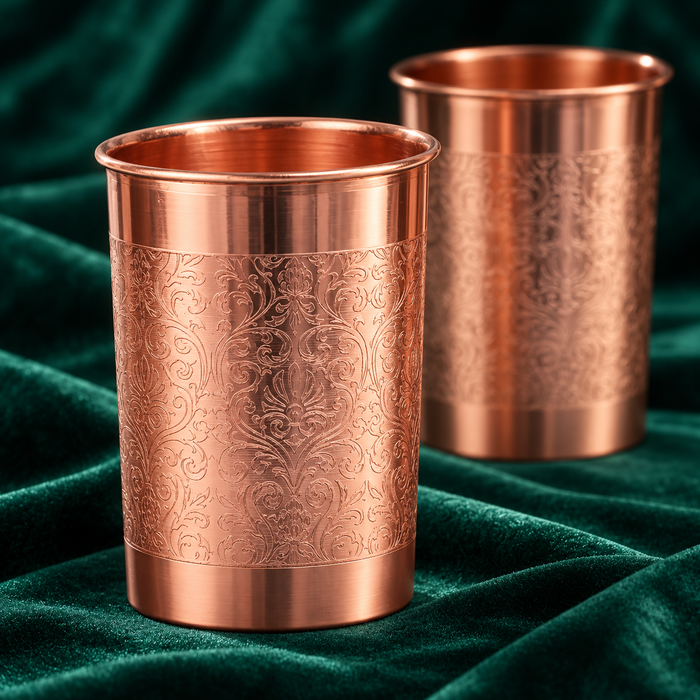 Pure Copper Water Glass Set of 2 – Floral Engraved Tumbler, 300 ml