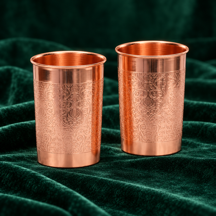 Pure Copper Water Glass Set of 2 – Floral Engraved Tumbler, 300 ml