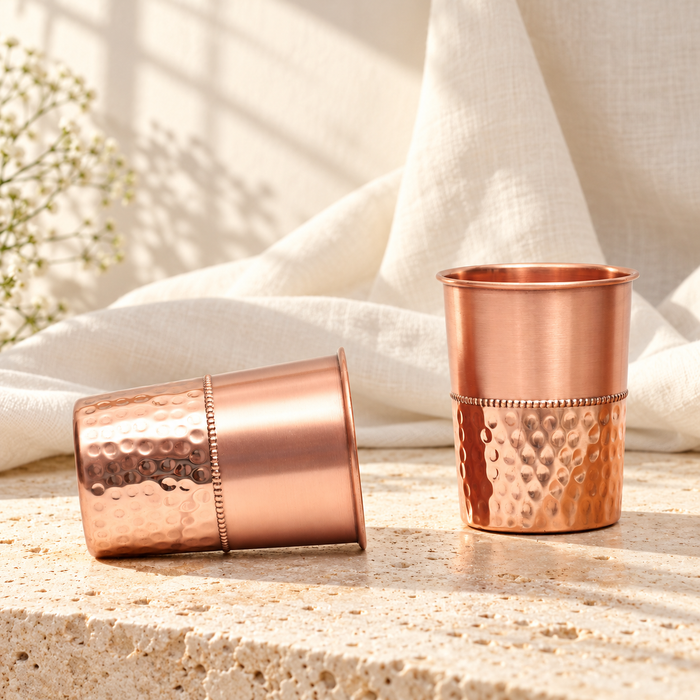 Pure Copper Water Glass Set of 2 – Half Hammered Tumbler, 300 ml