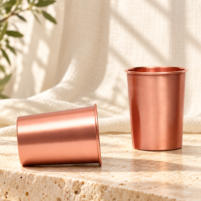 Pure Copper Plain Water Glass Set of 2 – Polished Tumbler, 300 ml