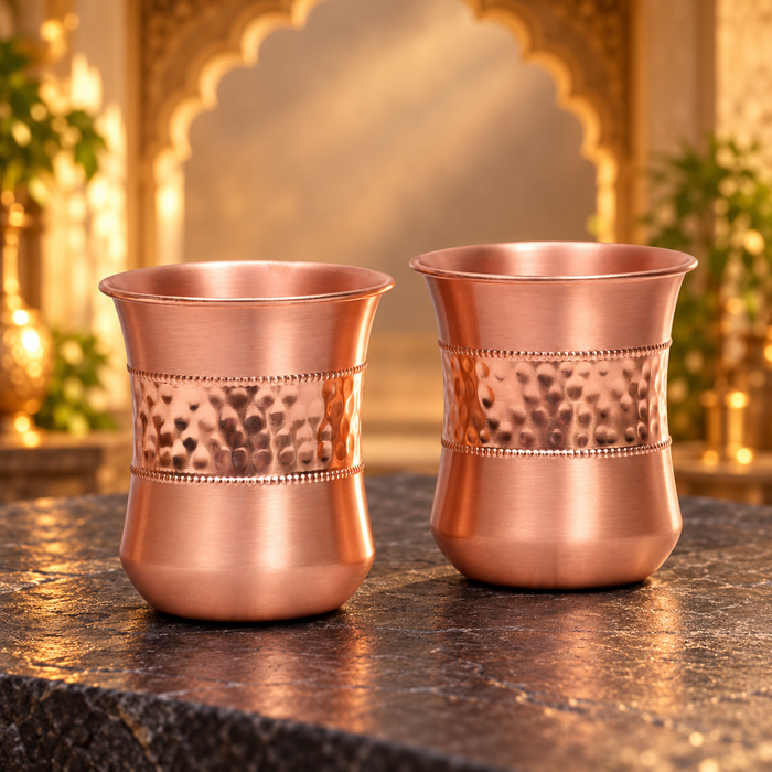 Pure Copper Water Glass Set of 2 – Half Hammered Damru Tumbler, 300 ml