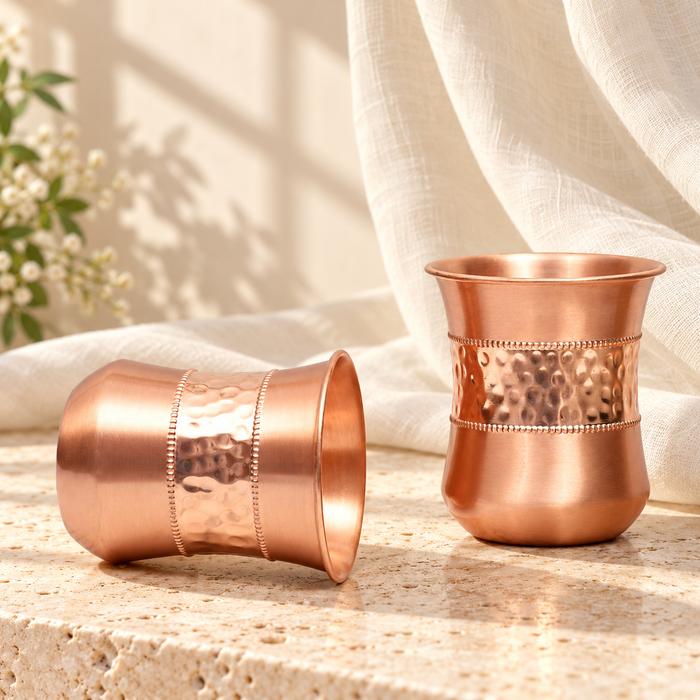 Pure Copper Water Glass Set of 2 – Half Hammered Damru Tumbler, 300 ml