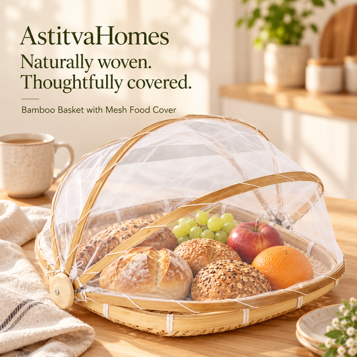 Multi-Purpose Handwoven Bamboo Basket with Mesh Food Cover, view 2