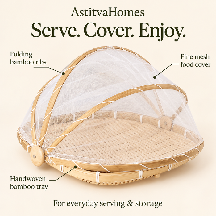 Multi-Purpose Handwoven Bamboo Basket with Mesh Food Cover, view 3