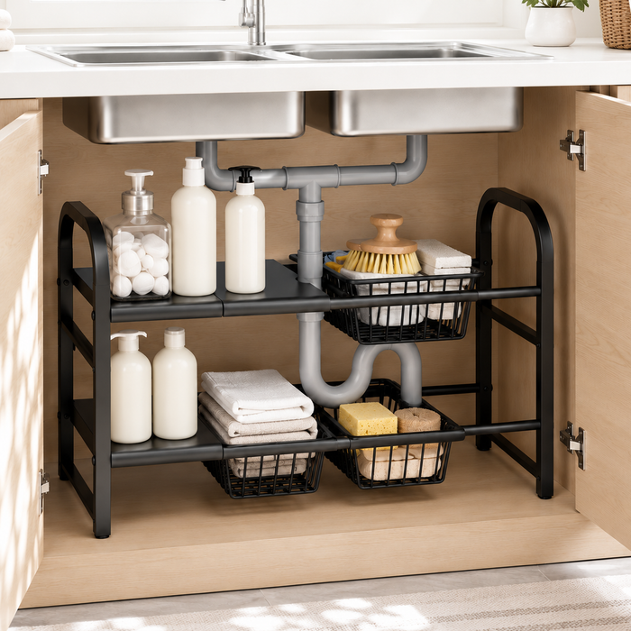 2 Layer Expandable Under Sink Storage Rack – Stainless Steel with 4 Baskets