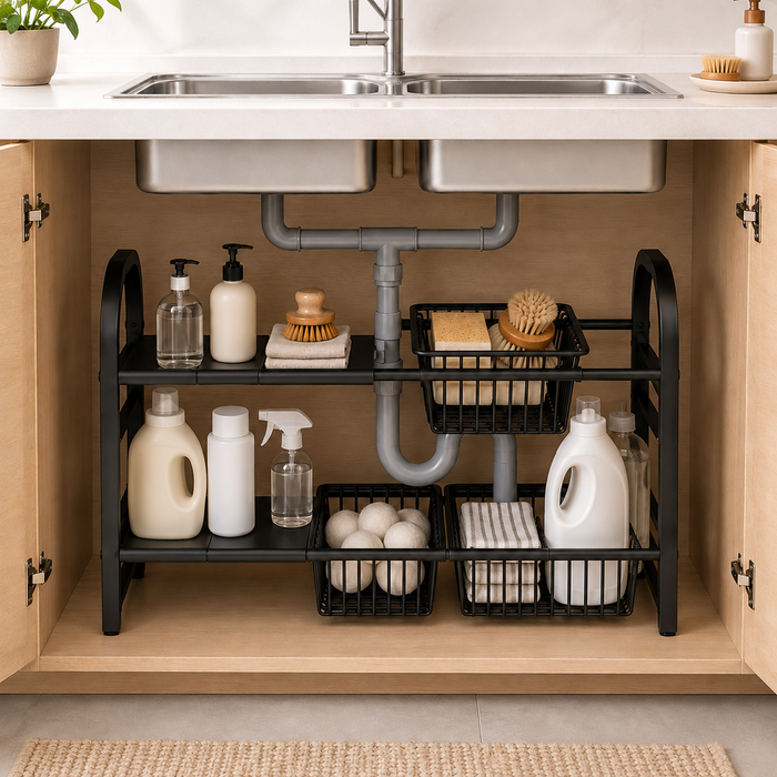 2 Layer Expandable Under Sink Storage Rack – Stainless Steel with 4 Baskets, view 4