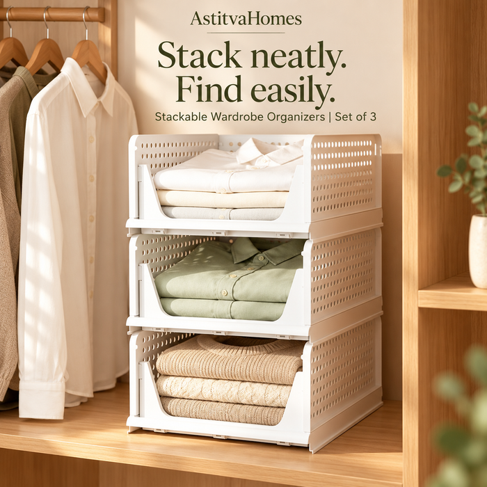 Stackable Wardrobe Organizer Set of 3 – White Plastic with Sliding Rails, view 3